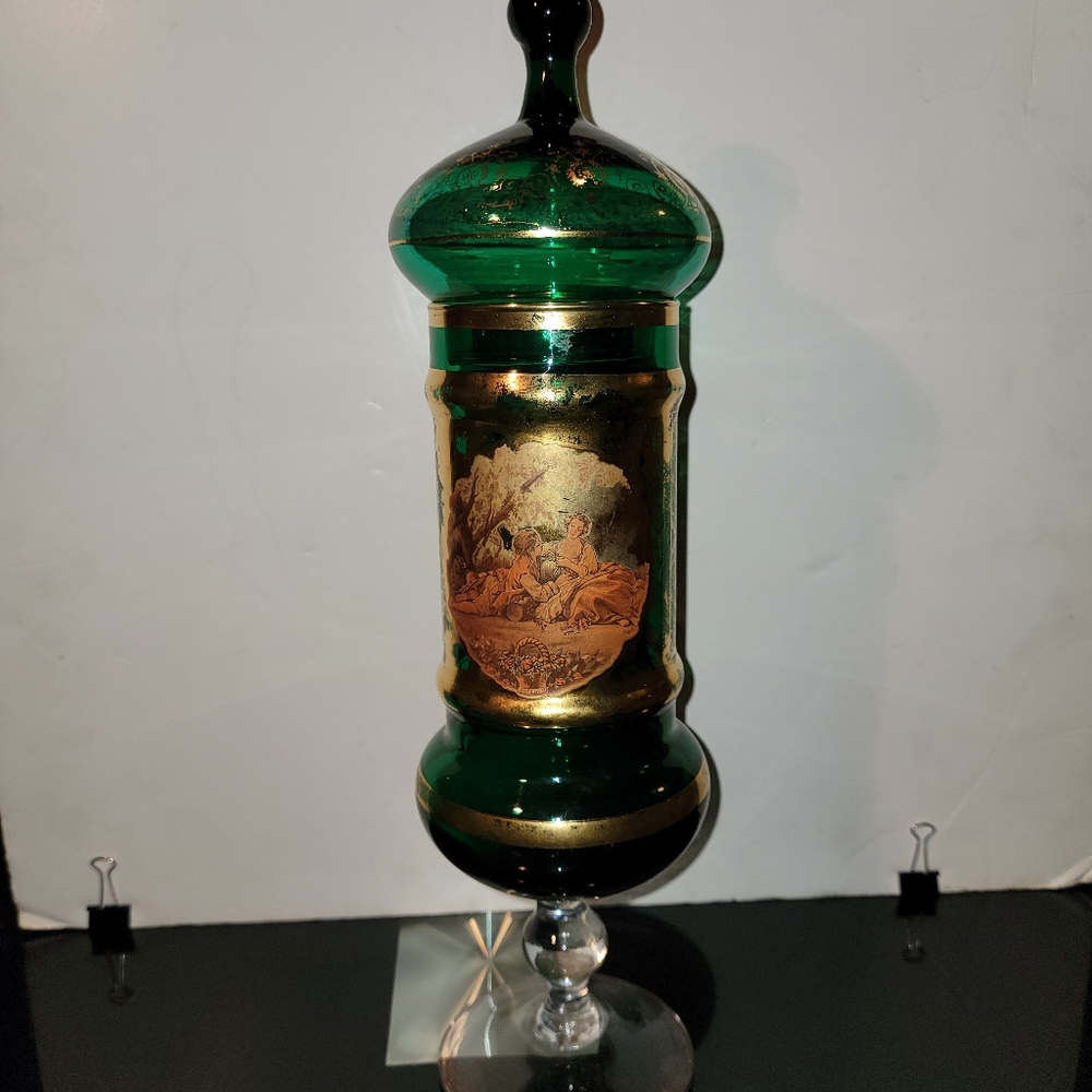 14 1/2" Vintage Ornamental Vase with Lid Green /Gold Around With Gold Trim